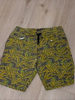 Signature Olive and Yellow Tropical Leaf Swim Shorts